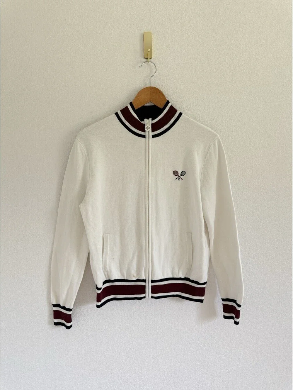 Tory Burch Tech Knit Snow White Sporty Full Zip Tennis Jacket Women’s Sz Medium
